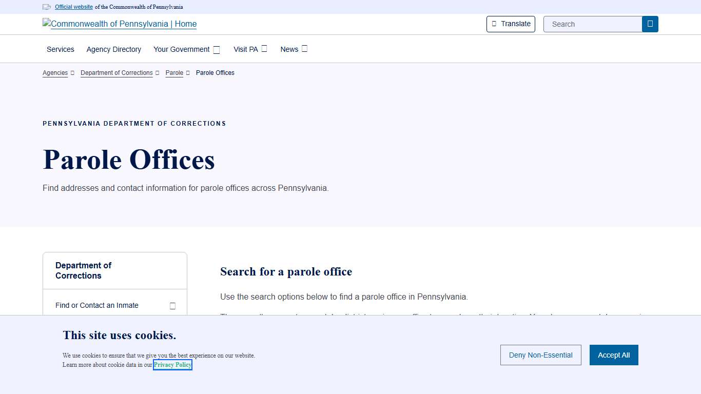 Parole Offices Department of Corrections Commonwealth of Pennsylvania